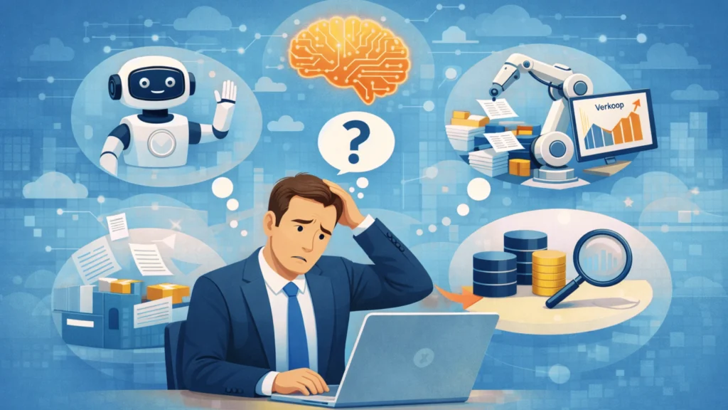 Verwarde mkb-ondernemer achter laptop, omringd door AI-symbolen zoals data, chatbot en automatisering, die laat zien waar te beginnen met AI.